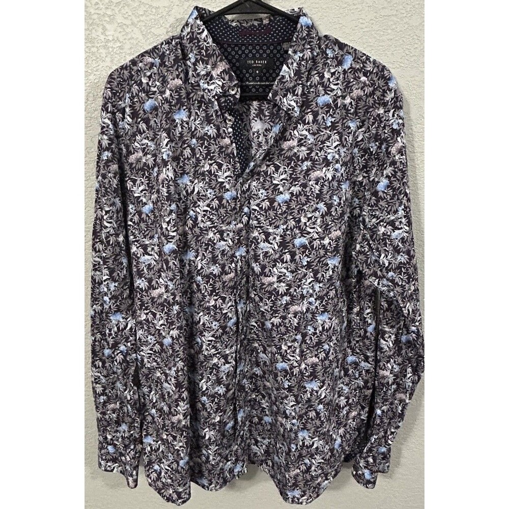 Ted Baker London Black Blue Floral Print Long Sleeve Button Down Shirt Sz 2XL